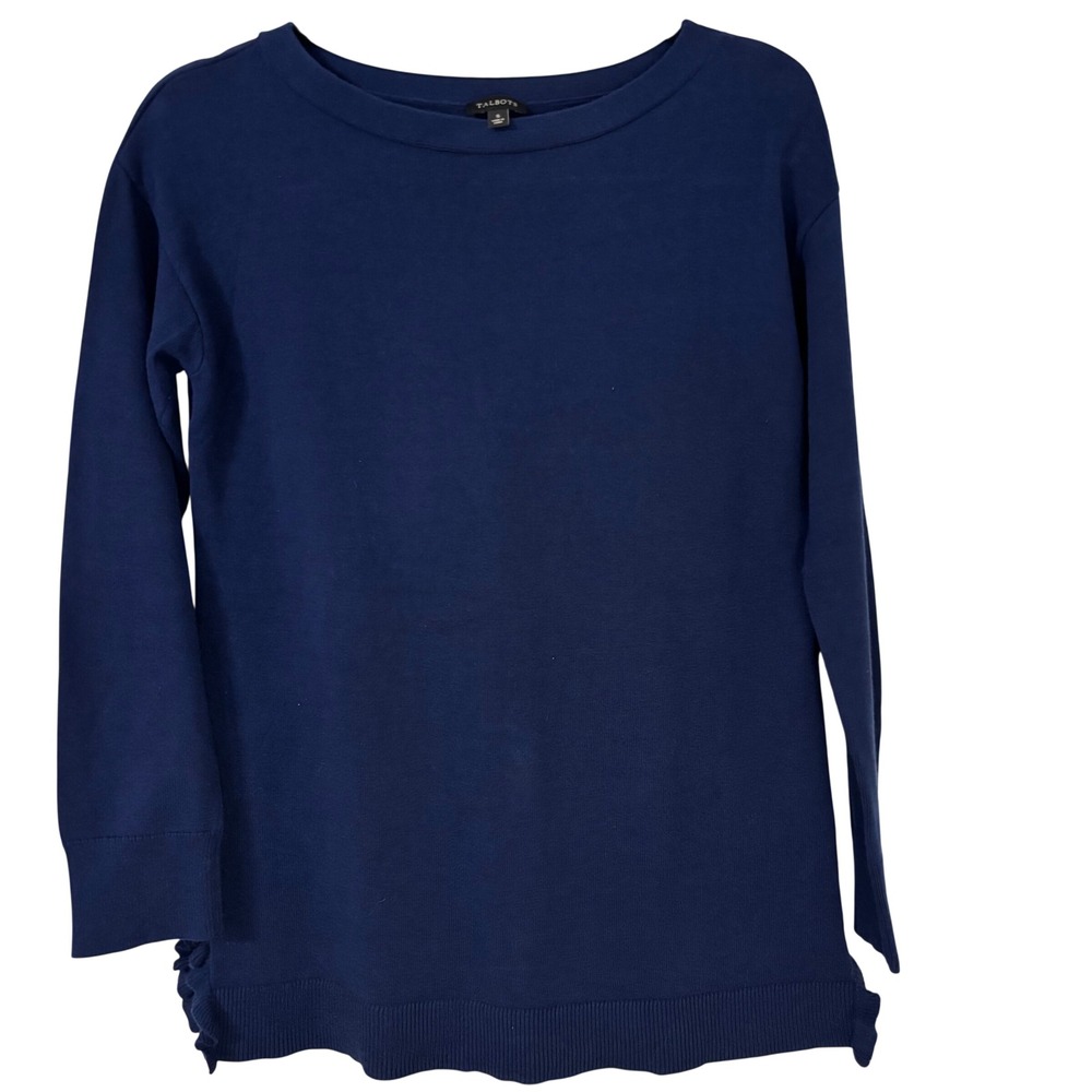 Talbots Womens Navy Blue Boat Neck Ruffle Split Hem Cotton Blend Sweater Small